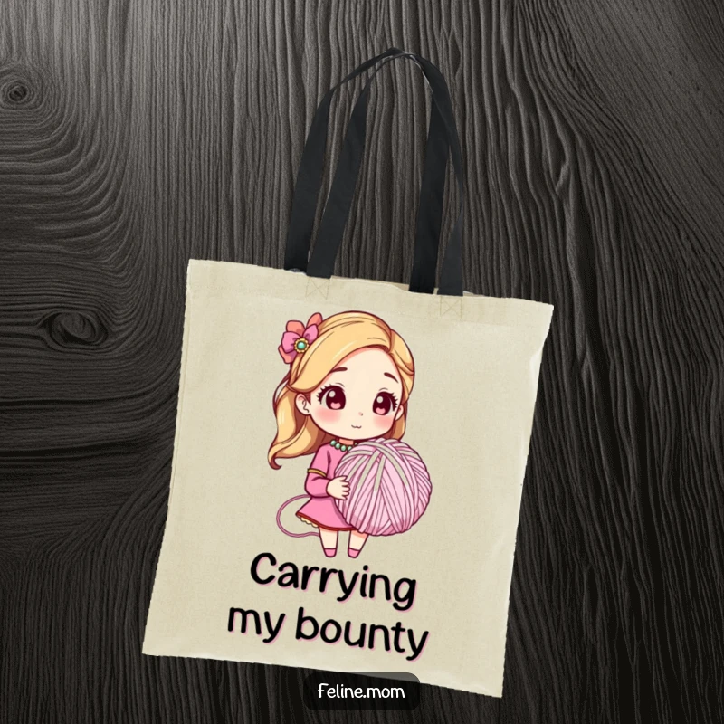 Funny tote bag depicting a woman in a jeweled collar with a giant yarn ball, ready for adventure. A humorous accessory.