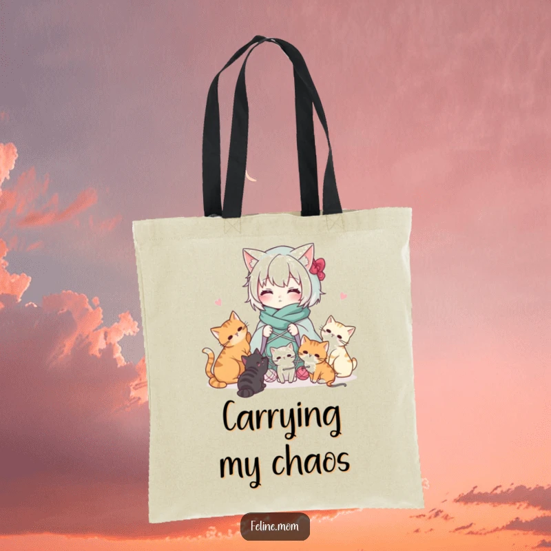 Funny Kawaii cat lady character draped in yarn with cats playing, on a stylish tote bag. Perfect for carrying craft supplies.