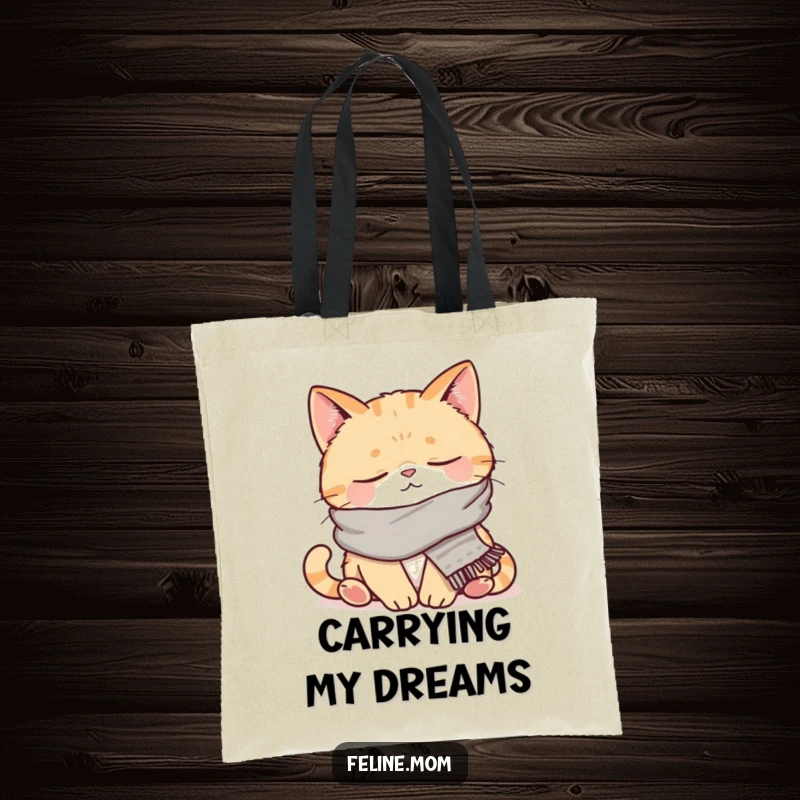 Funny tote bag featuring a napping cat comfortably wrapped in a scarf. This design exudes relaxation and humor, perfect for everyday use.