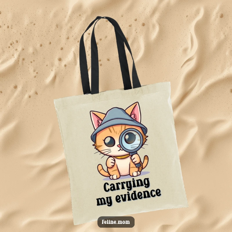 Funny tote bag with a determined cat wearing a tiny detective hat and holding a magnifying glass, searching for evidence, perfect for carrying clues and gifting.
