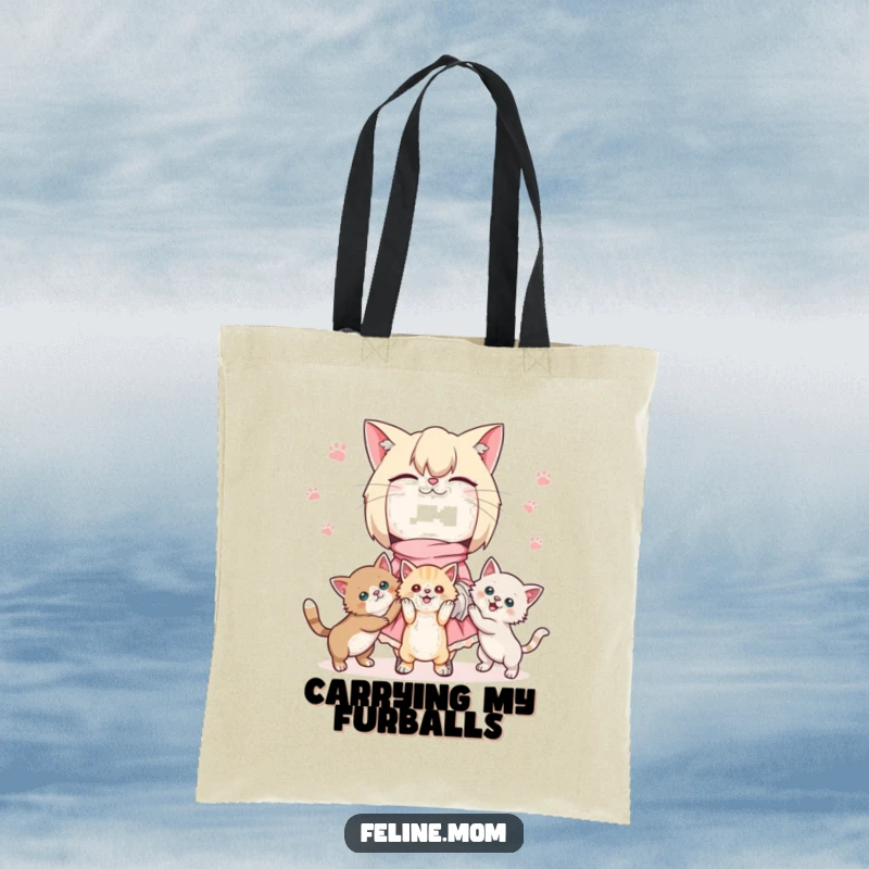 Kawaii cat lady tote bag featuring a cute character juggling three playful kittens, perfect for carrying groceries or catnip.
