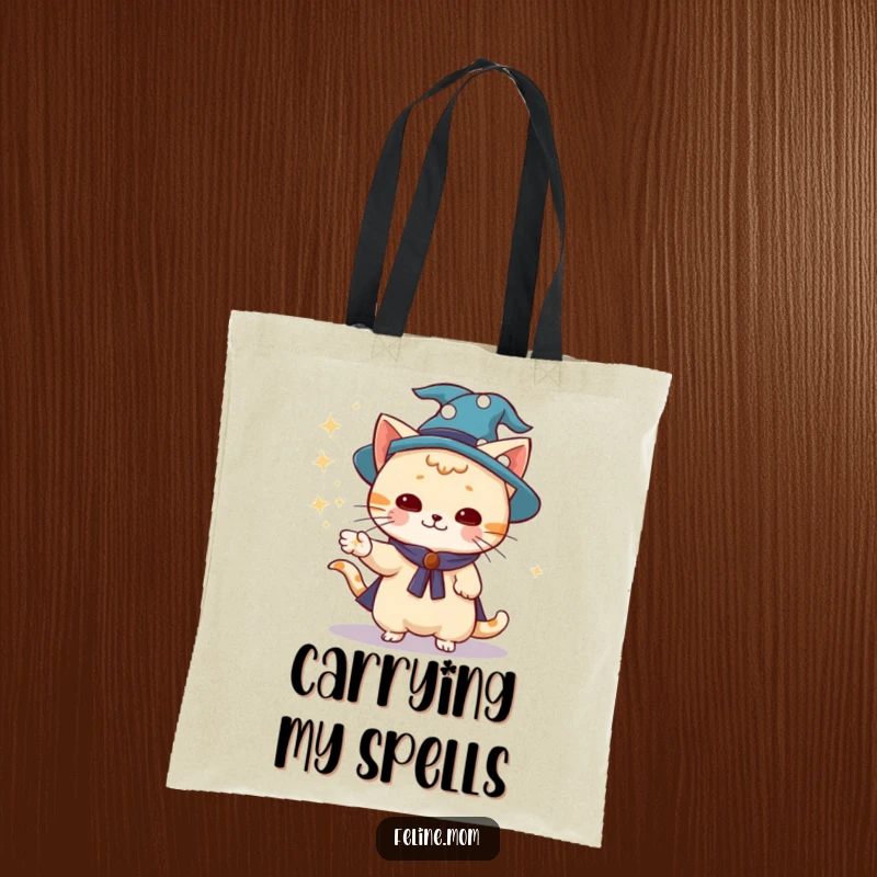 Funny wizard cat wearing a wizard hat, conjuring sparkling dust, durable tote, magical, whimsical, funny gift.