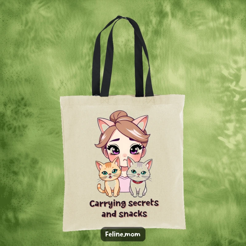 Funny tote bag featuring a woman with a knowing smirk and a mischievous cat, suggesting shared secrets and playful intentions for a humorous statement.