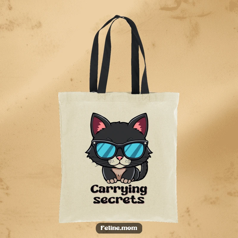 Funny Tote Bag with a black cat wearing sunglasses, looking mysterious and ready to carry your essentials.