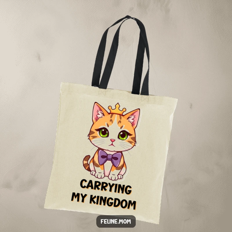 Funny Tote Bag showcasing a regal calico cat in a stylish bowtie, ready to carry your treasures with sophisticated flair.