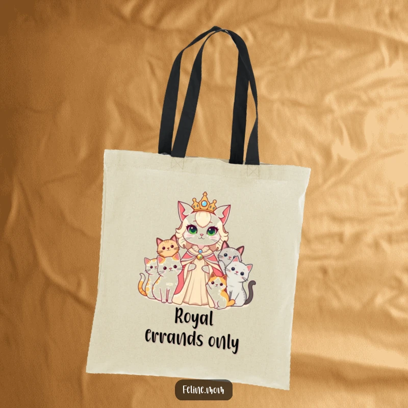 Funny cat lady dressed as a queen, with her cats as attendants, on a stylish and practical tote bag.