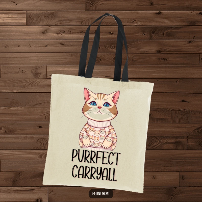 Funny cat lady tote bag featuring a cat face sweater design, perfect for carrying groceries or daily essentials.