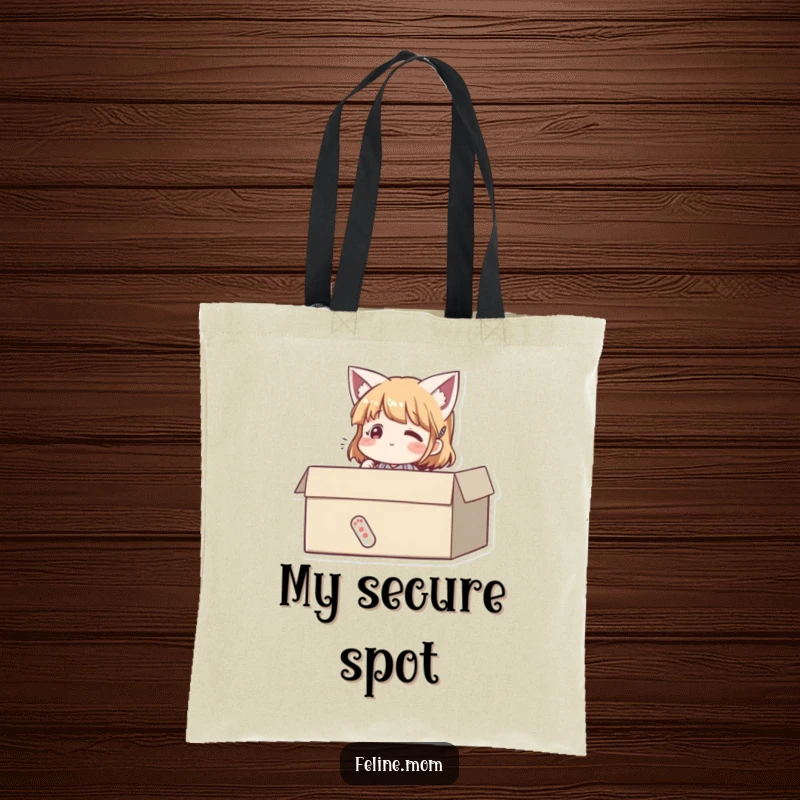 Funny tote bag with a woman sitting happily in a cardboard box, looking purrfectly content. A humorous and practical accessory.