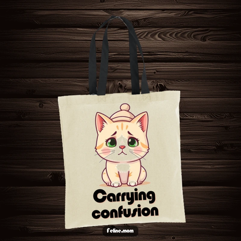 Funny Tote Bag: A cat with a small hat looks confused, perfect for carrying your daily items.