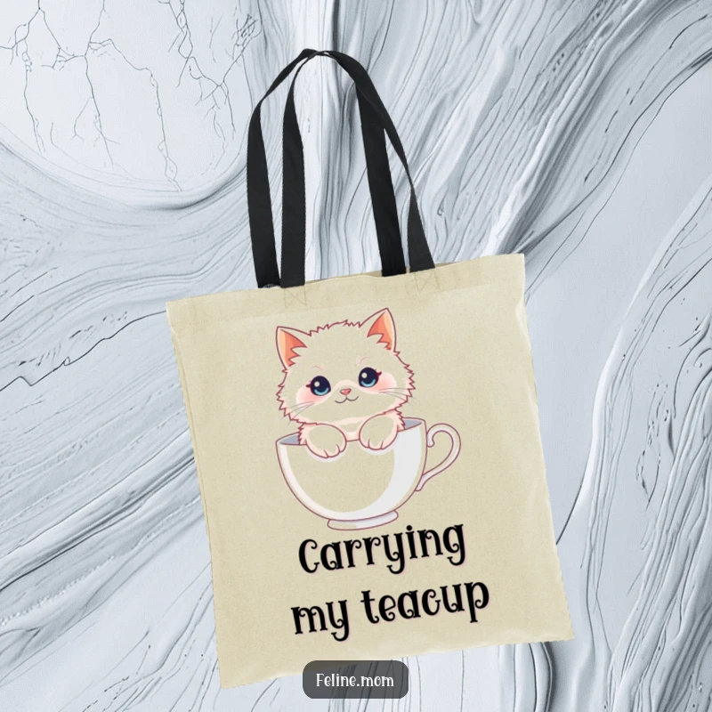 Funny Fluffy Cat Teacup Tote Bag: A cute white cat is nestled in a giant teacup, ready to carry your belongings.