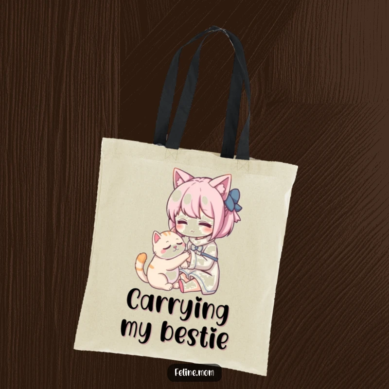 Funny Kawaii cat lady character gently petting a purring cat, featured on a stylish and functional tote bag. Carry your essentials with love.