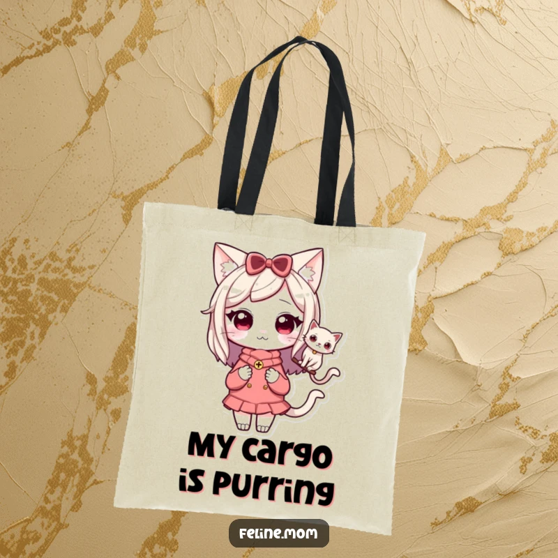 Funny Kawaii Cat Lady Tote Bag showing a sweet character with a cat perched on her shoulder, perfect for carrying everyday items.