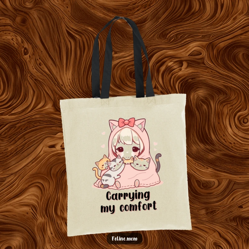 Funny Kawaii Cat Lady Tote Bag showing a sweet character sharing a blanket with cats, perfect for carrying cozy essentials.