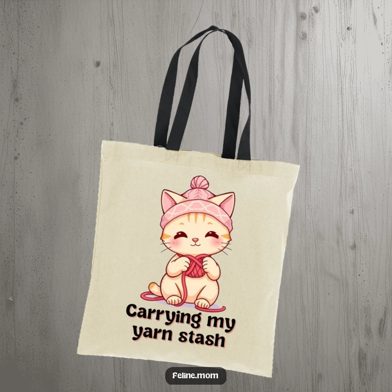 Funny cute cat wearing a yarn hat, actively knitting, a charming tote for yarn lovers and a funny gift.