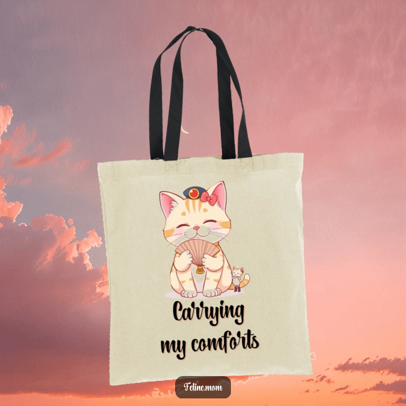 Funny pampered cat tote bag showing a cat being fanned by a tiny attendant, symbolizing hilarious, extravagant feline comfort for on-the-go.