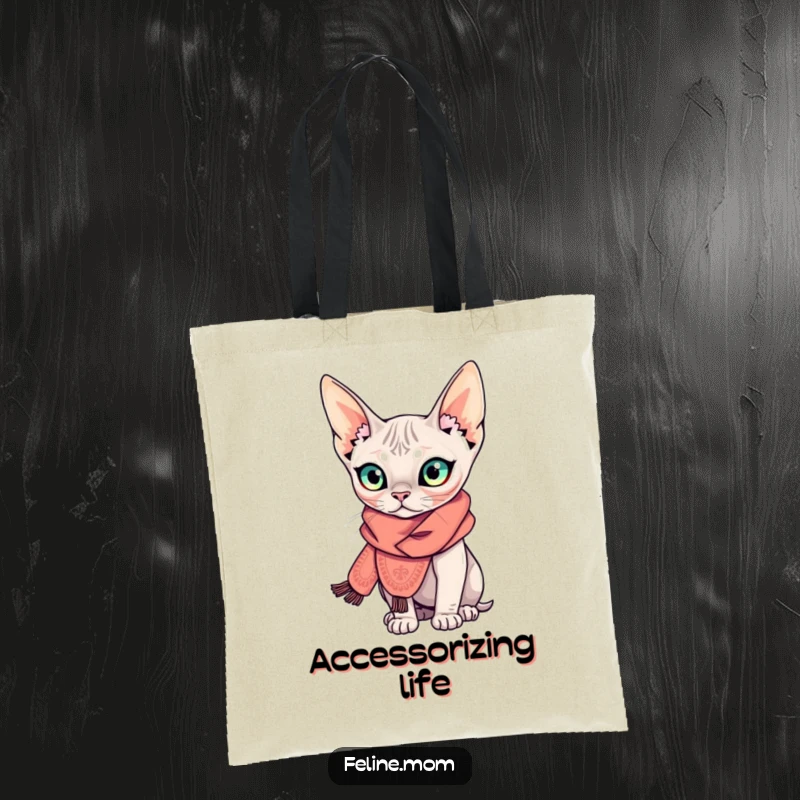 Funny Sphynx cat tote bag featuring a curious, hairless cat wearing an elaborate scarf, a stylish and hilarious companion for any outing.