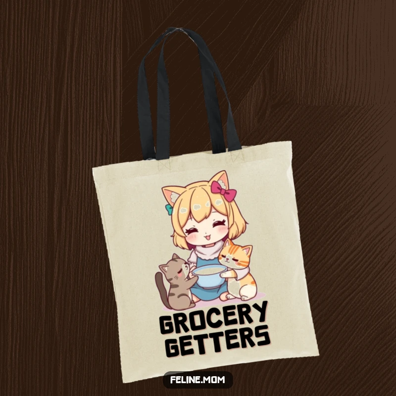 Funny Kawaii cat lady character offering a bowl of milk to a cat, on a stylish tote bag. Perfect for cat care items.
