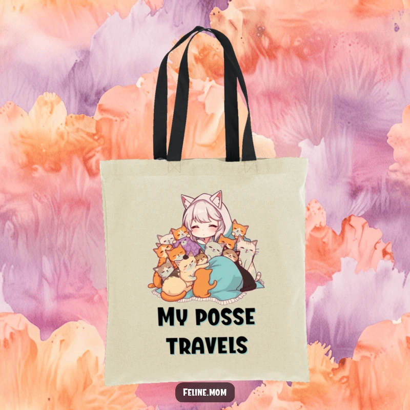 Funny Cat Lady tote bag with a woman in a blanket being cuddled by many cats. Charming and humorous accessory for cat lovers.