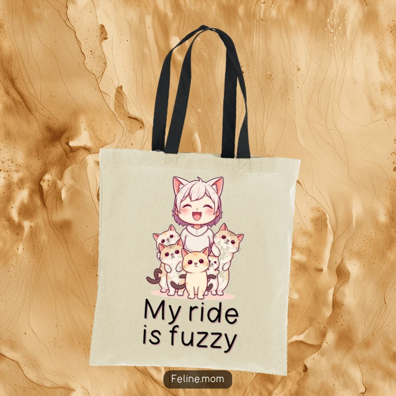 Funny cat lady being carried by several cats on a durable tote bag, perfect for carrying essentials with humorous feline transport imagery.