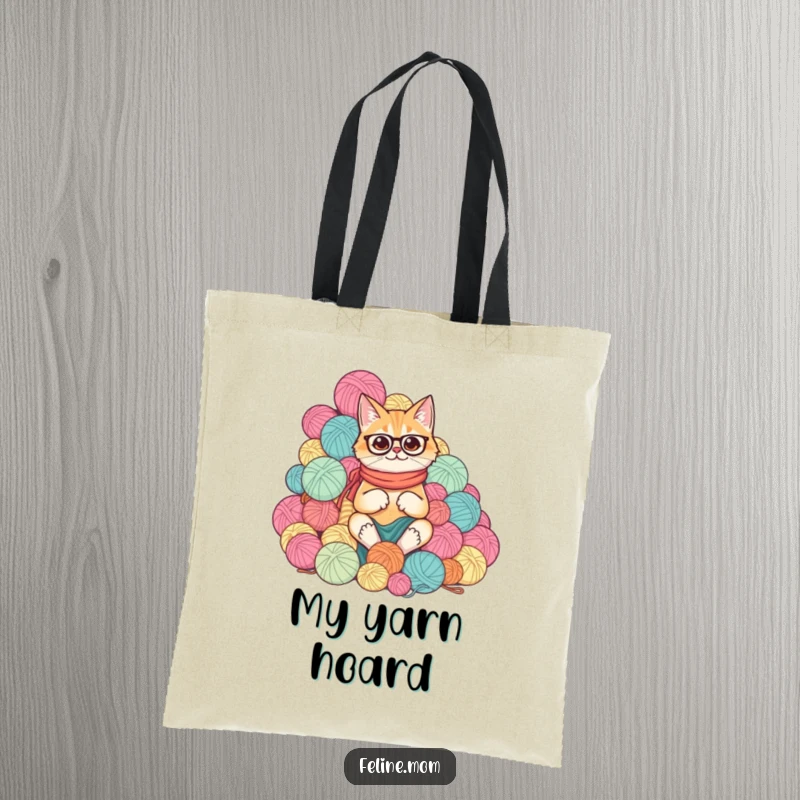 Funny cat lady with a comical mountain of yarn balls, ready for shopping on a practical tote bag.
