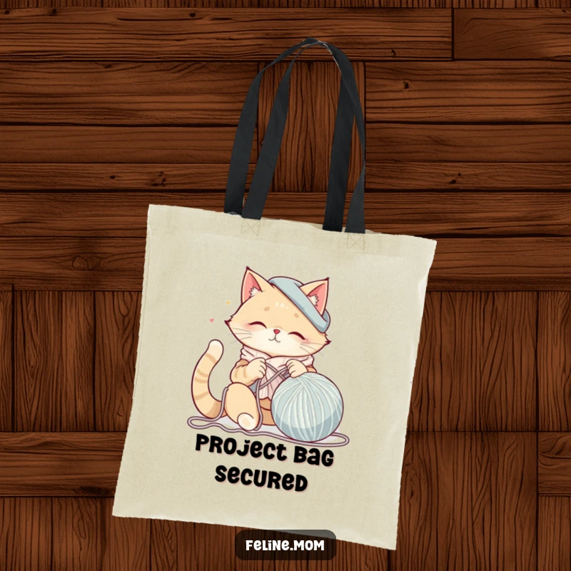 Funny cat lady knitting a giant ball of yarn on a durable tote bag, perfect for carrying craft supplies with feline humor.