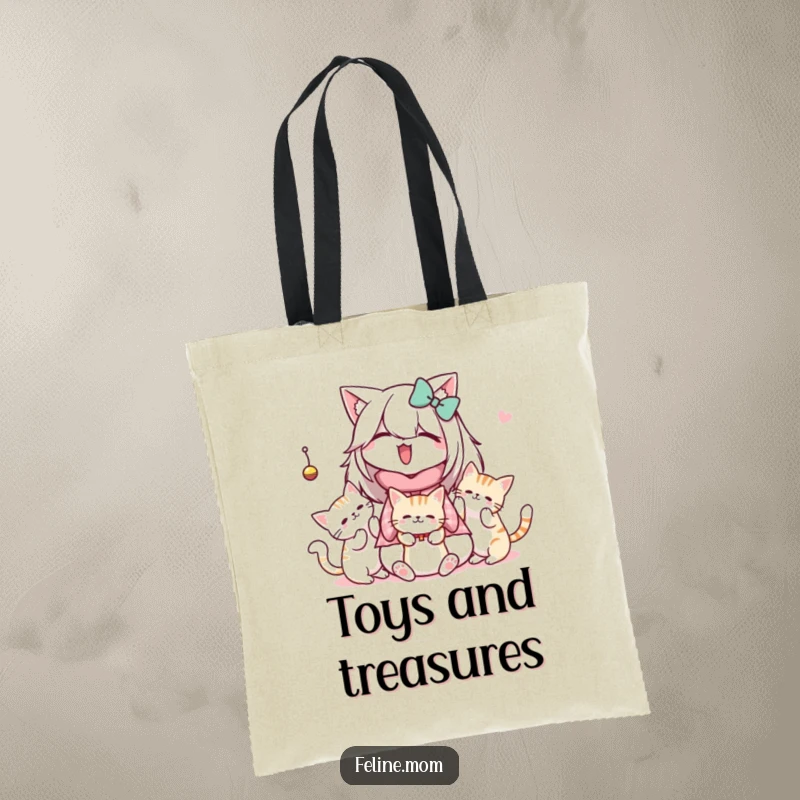 Funny Kawaii Cat Lady Tote Bag showcasing a cute character with cats batting at a dangling toy, ideal for shopping and daily use.