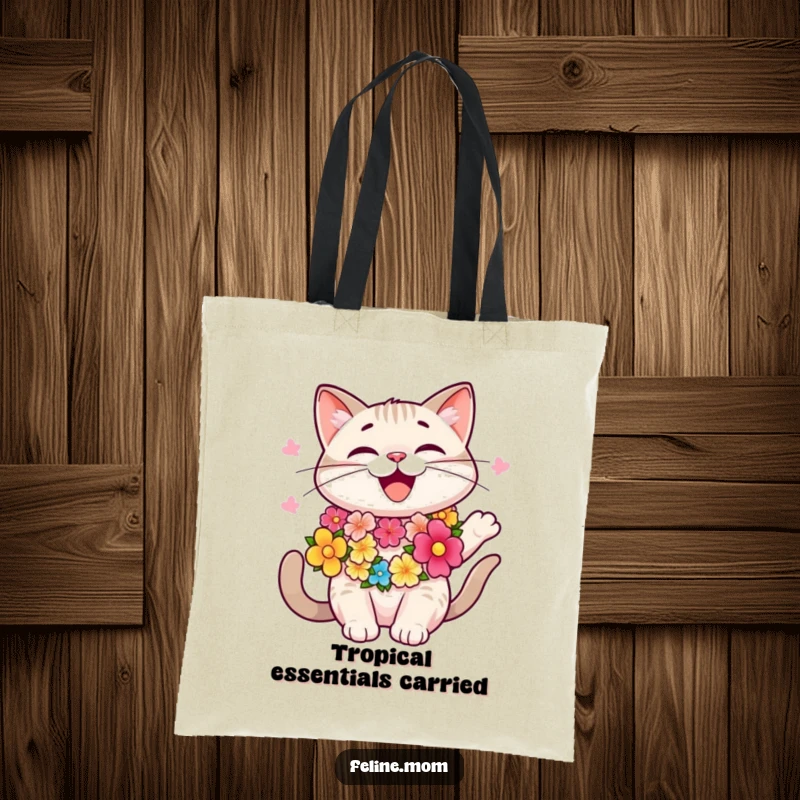 Funny happy cat wearing a colorful lei, swaying, tropical tote bag, beach accessory, funny gift.